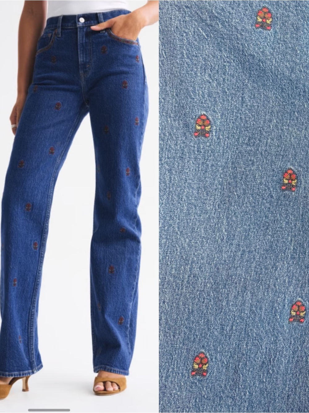 Abercrombie & Fitch High Rise 90s Relaxed Floral Embroidered Jeans Curve Love - Picture 3 of 16